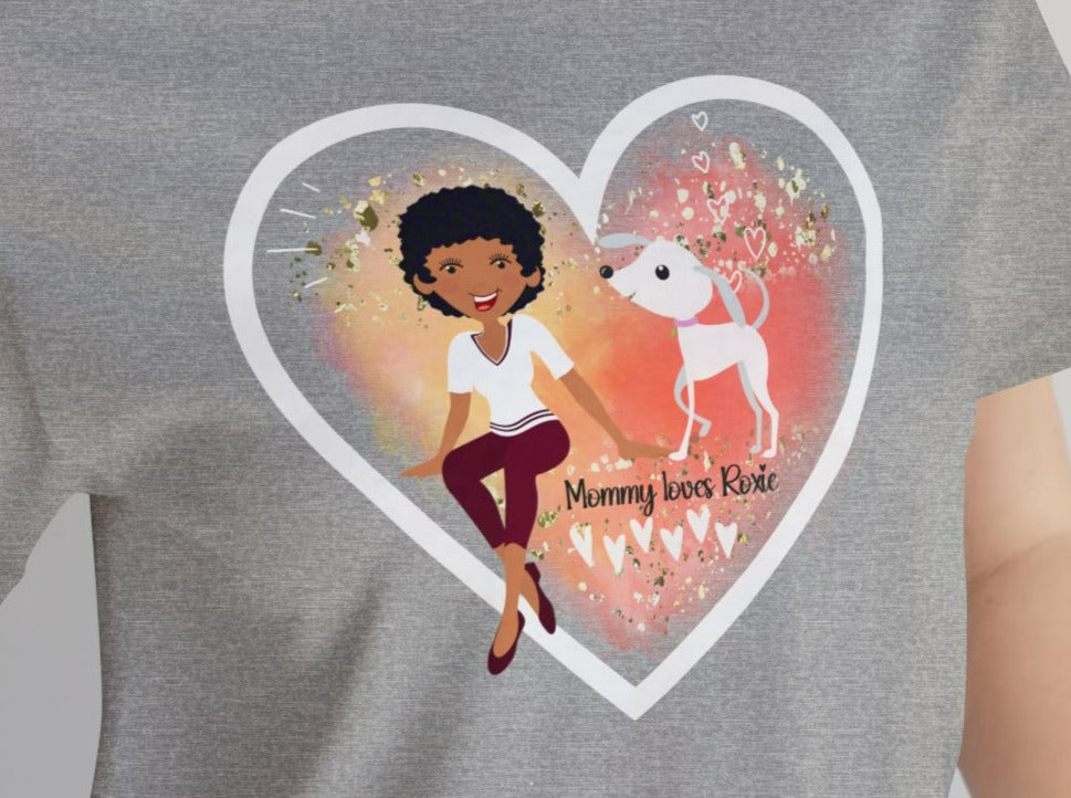 CUSTOMIZED Love My Dog Unisex Jersey Short Sleeve Tee (Woman: Medium Skin/Short Curly Black Hair).