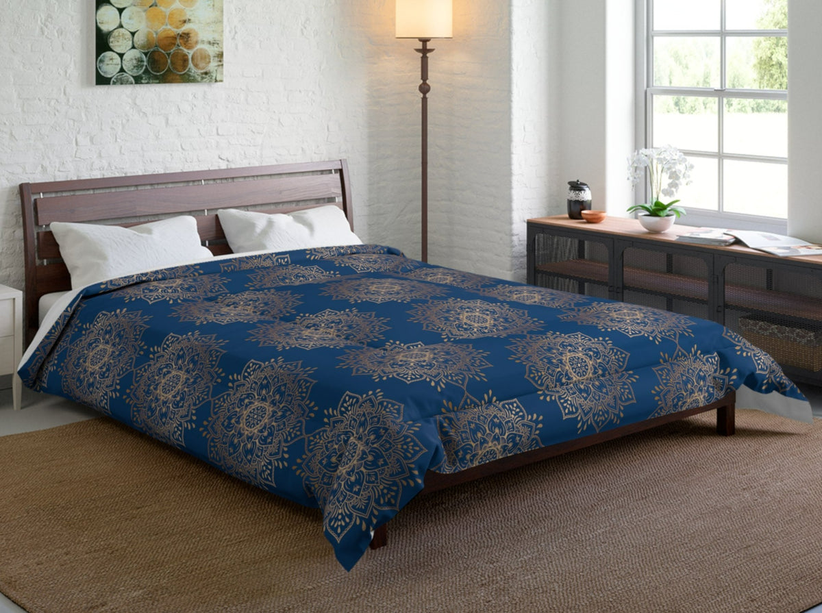 Deep Blue Gold Mandala Comforter