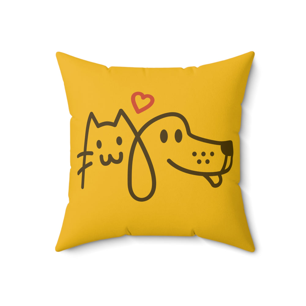 Cat Heart Dog Yellow Spun Polyester Square Pillow.