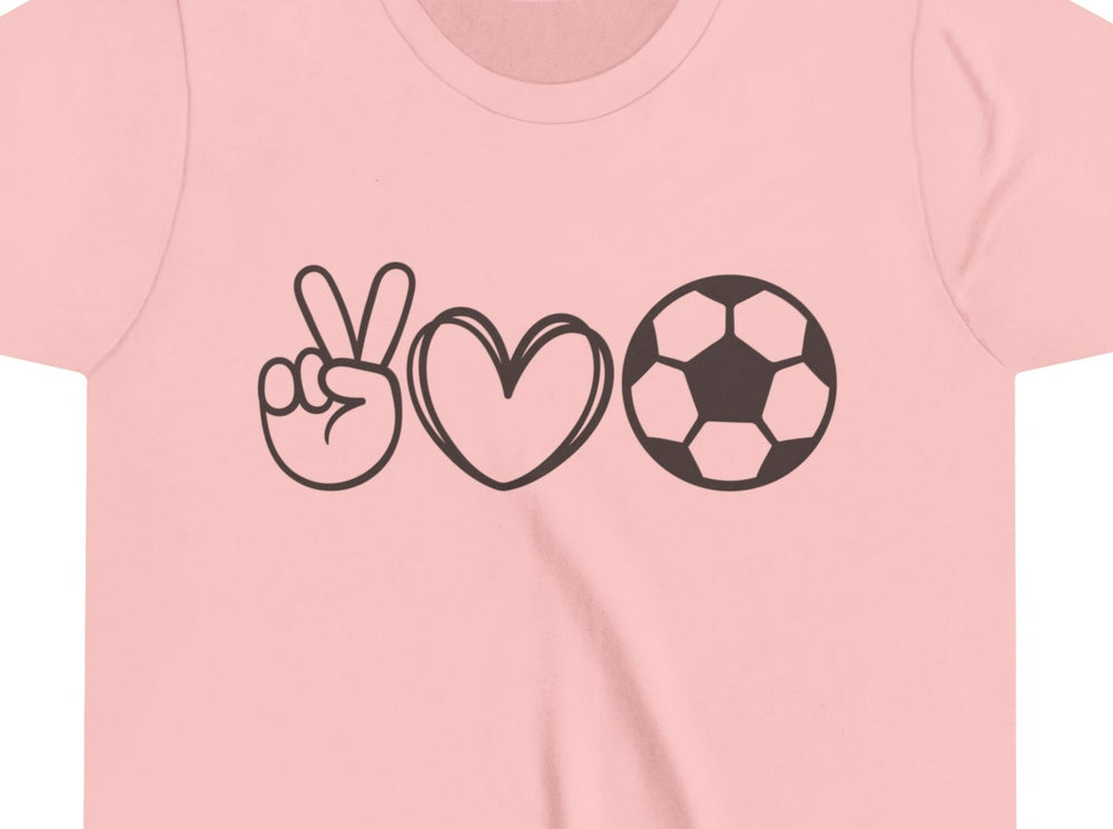 Peace Love Soccer Youth Short Sleeve Tee.