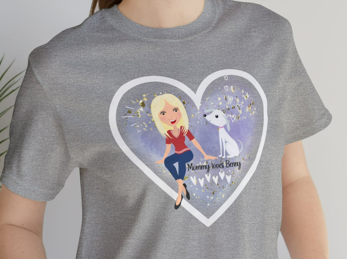 CUSTOMIZED Love My Dog Unisex Jersey Short Sleeve Tee (Woman: Light Skin/Long Blonde Hair).