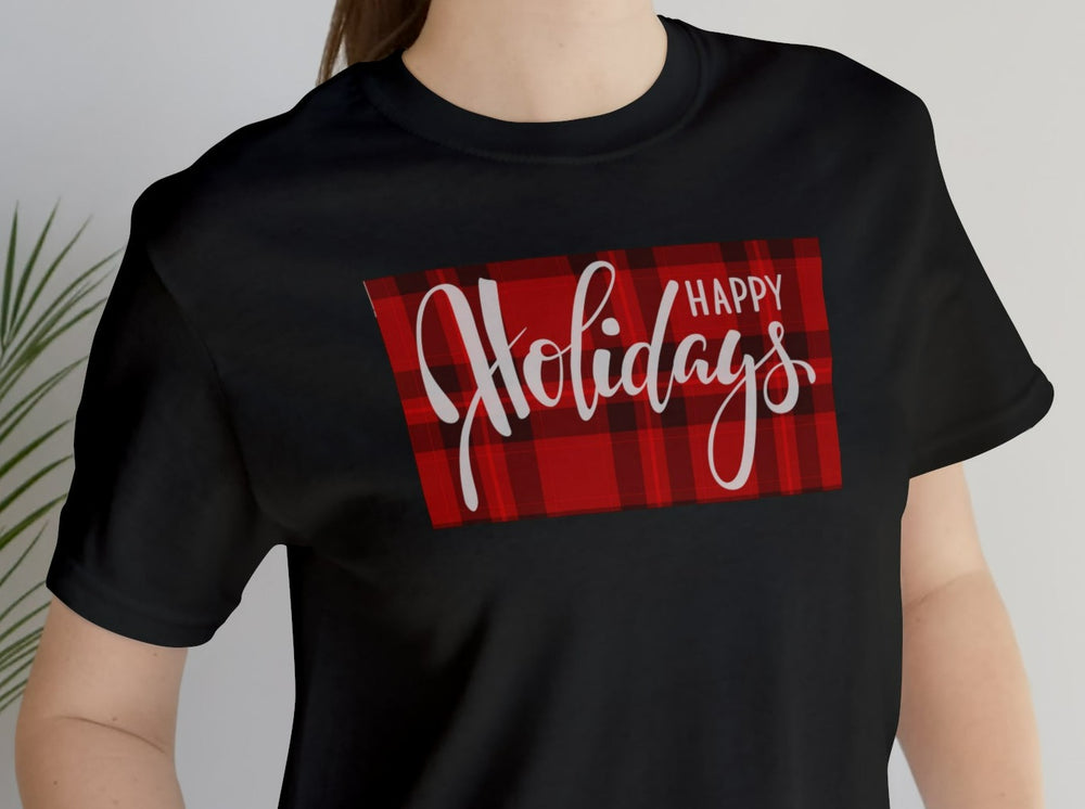 Happy Holidays Red Plaid Unisex Jersey Short Sleeve Tee.