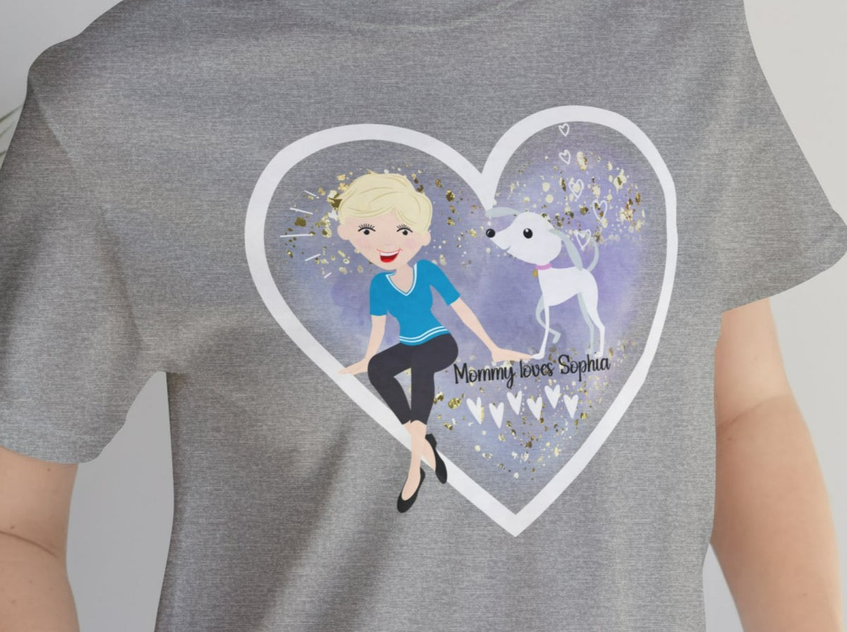 CUSTOMIZED Love My Dog Unisex Jersey Short Sleeve Tee (Woman: Light Skin/Short Straight Blonde Hair).