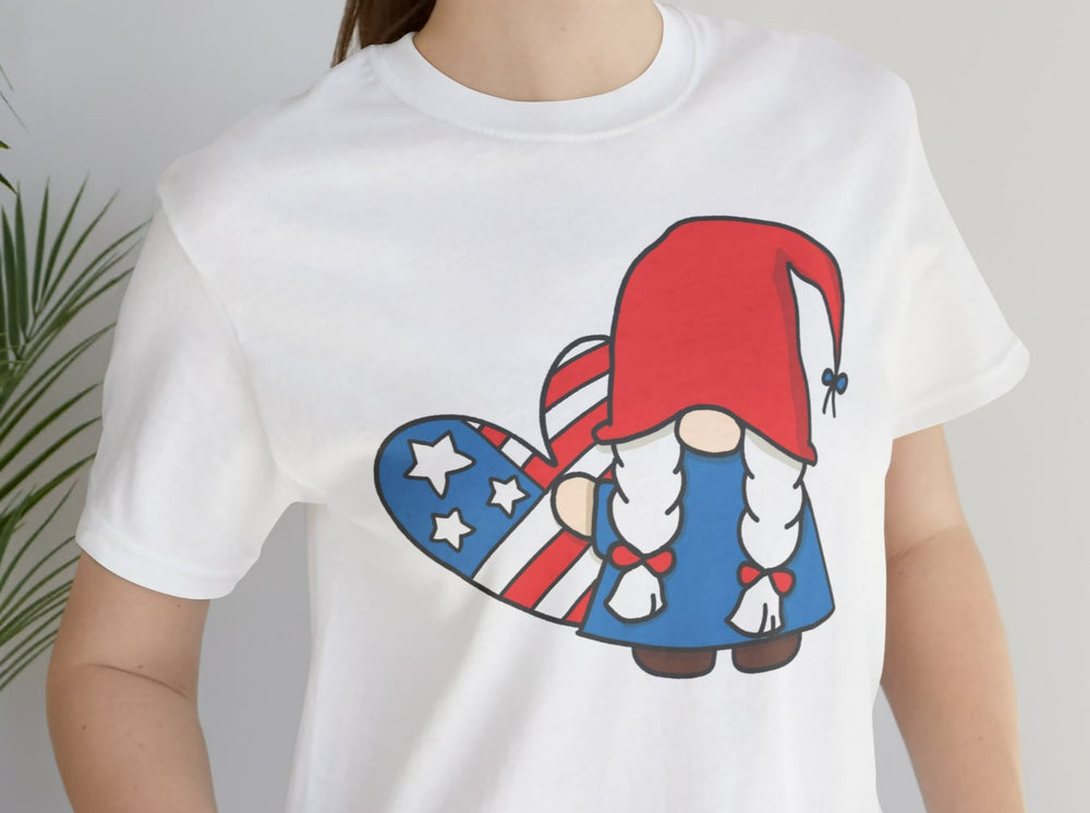 Patriotic Gnome Girl Holding Heart Unisex Jersey Short Sleeve Tee.