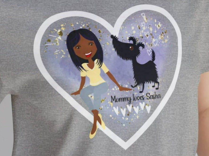 CUSTOMIZED Love My Dog Unisex Jersey Short Sleeve Tee (Woman: Dark Skin/Long Black Hair).