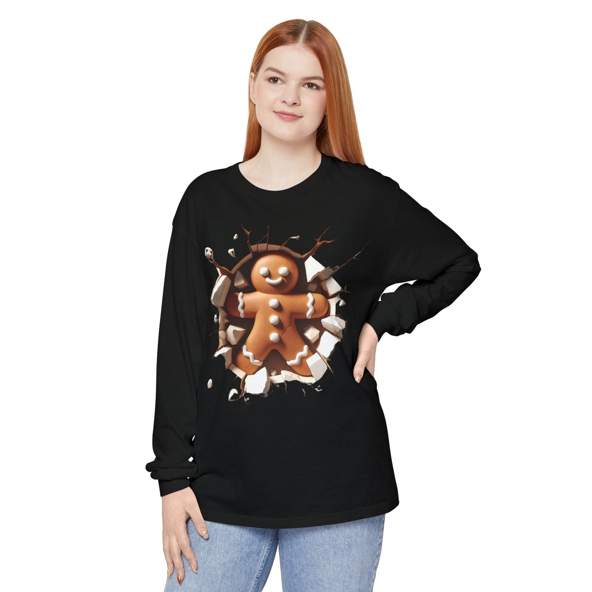 Gingerbread Man Front & Back Unisex Garment-dyed Long Sleeve T-Shirt