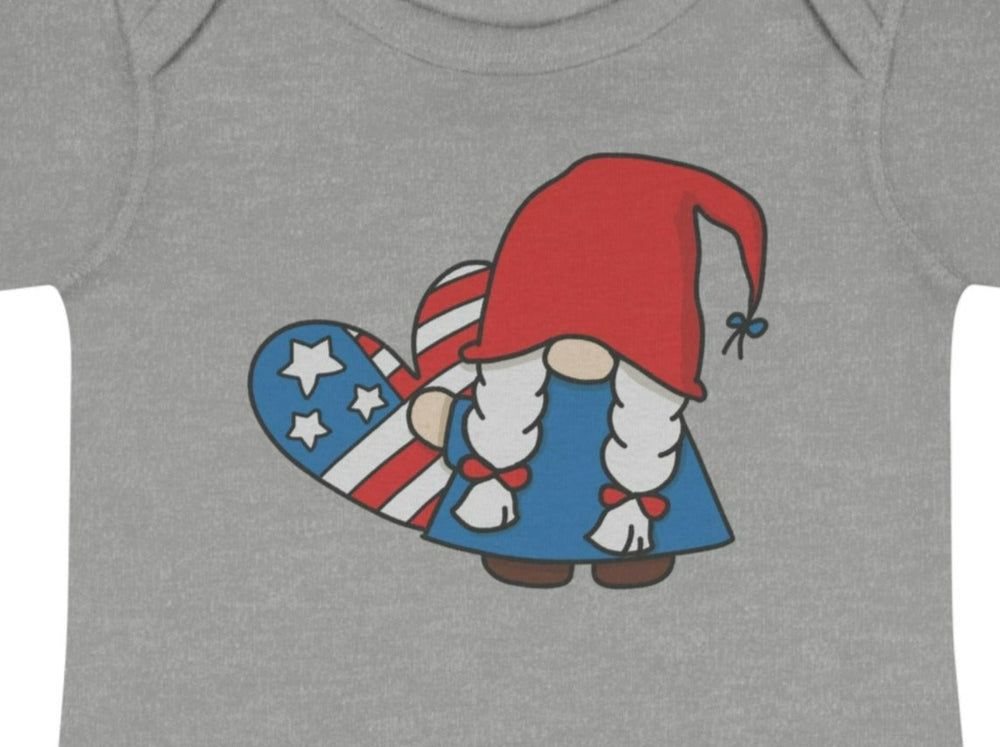 Patriotic Gnome Girl Holding Heart Infant Baby Rib Bodysuit.