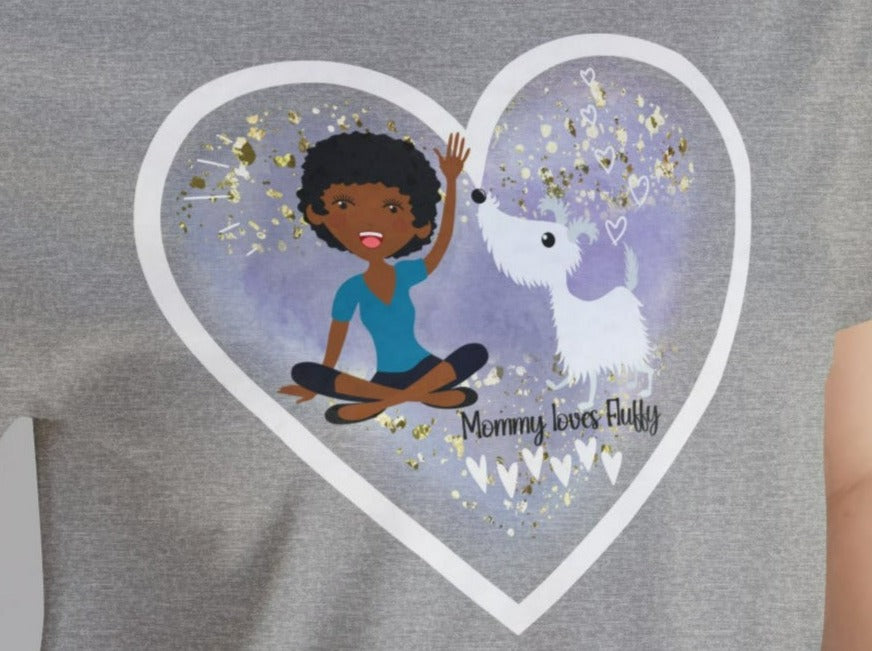 CUSTOMIZED Love My Dog Unisex Jersey Short Sleeve Tee (Woman: Dark Skin/Short Curly Black Hair).