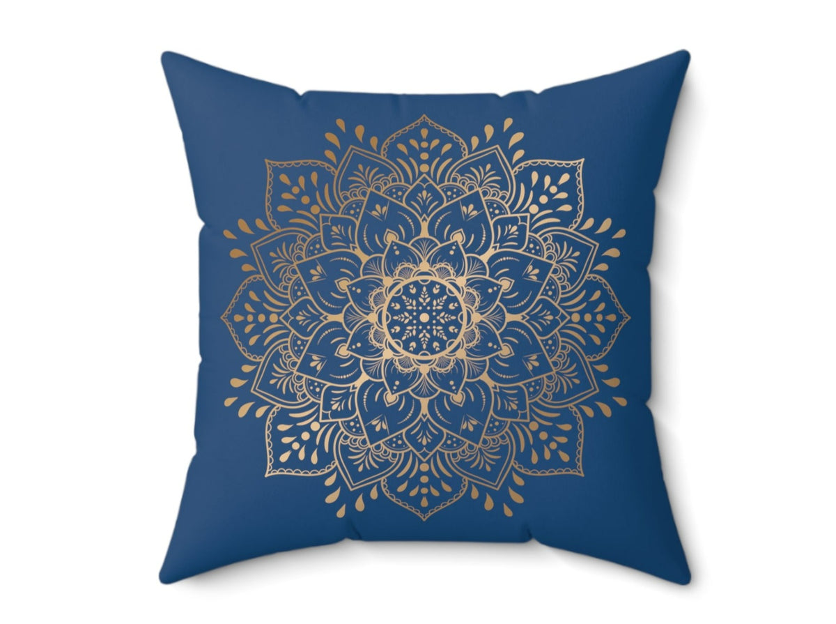 Deep Blue Gold Mandala Square Throw Pillow