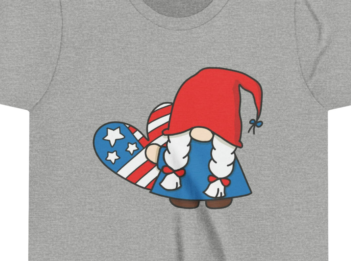 Patriotic Gnome Girl Holding Heart Youth Short Sleeve Tee.