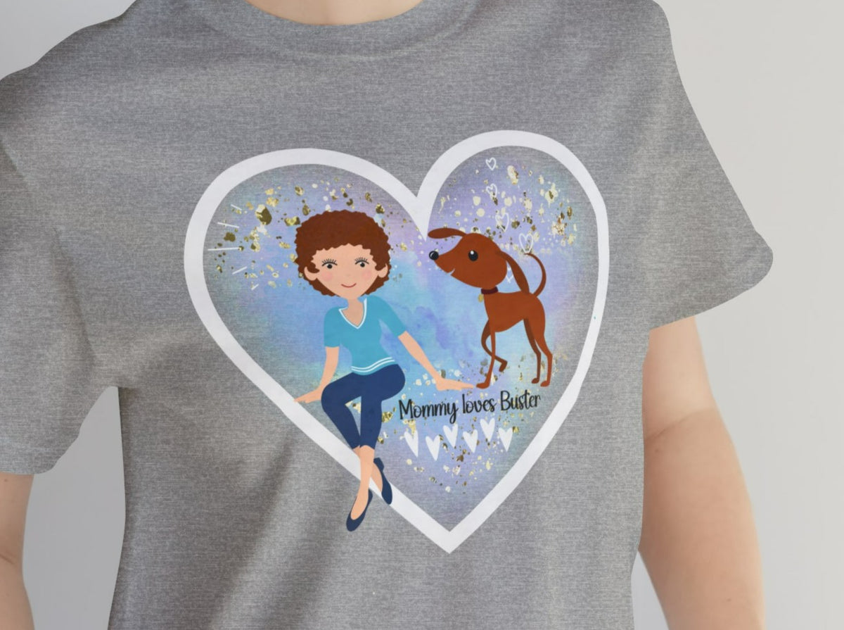 CUSTOMIZED Love My Dog Unisex Jersey Short Sleeve Tee (Woman: Light Skin/Short Curly Brown Hair).